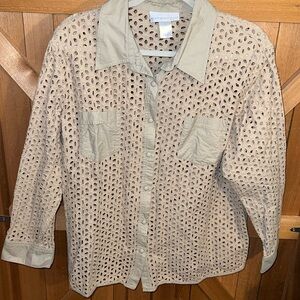 Susan Graver Style Tan Eyelet Floral Shirt 1X